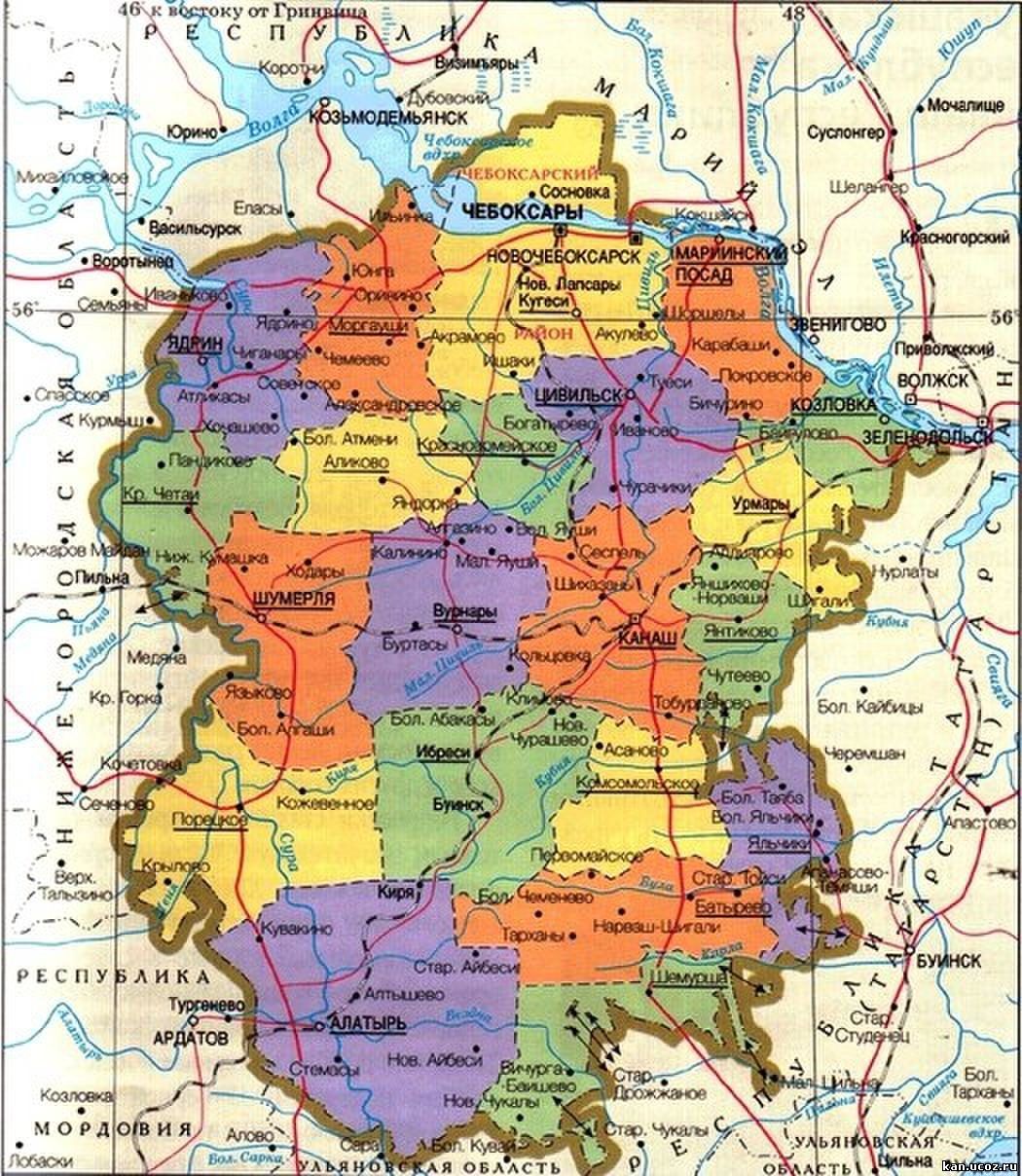 Карта чувашской республики с районами и городами